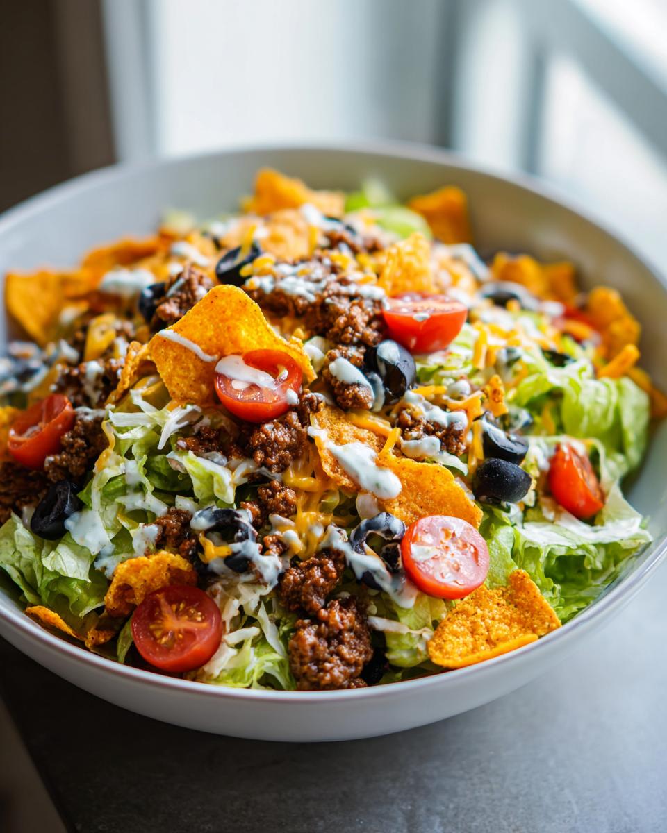 A vibrant bowl of Dorito Taco Salad, featuring seasoned ground beef, shredded lettuce, cherry tomatoes, black olives, shredded cheese, and crushed Doritos.