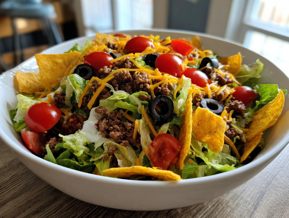 A generous bowl of Dorito Taco Salad filled with lettuce, seasoned ground beef, cherry tomatoes, black olives, shredded cheese, and Doritos.
