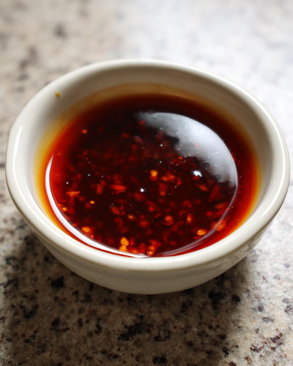 Close-up of a small white bowl filled with a rich, dark red dumpling sauce with visible chili flakes.