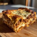 A delicious slice of easy lasagna with ricotta, featuring layers of pasta, meat sauce, and creamy cheese.