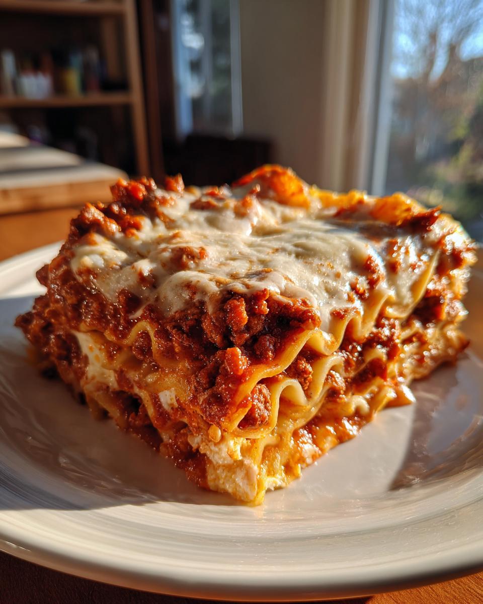 A generous slice of easy lasagna with ricotta, featuring layers of pasta, rich meat sauce, and melted cheese.