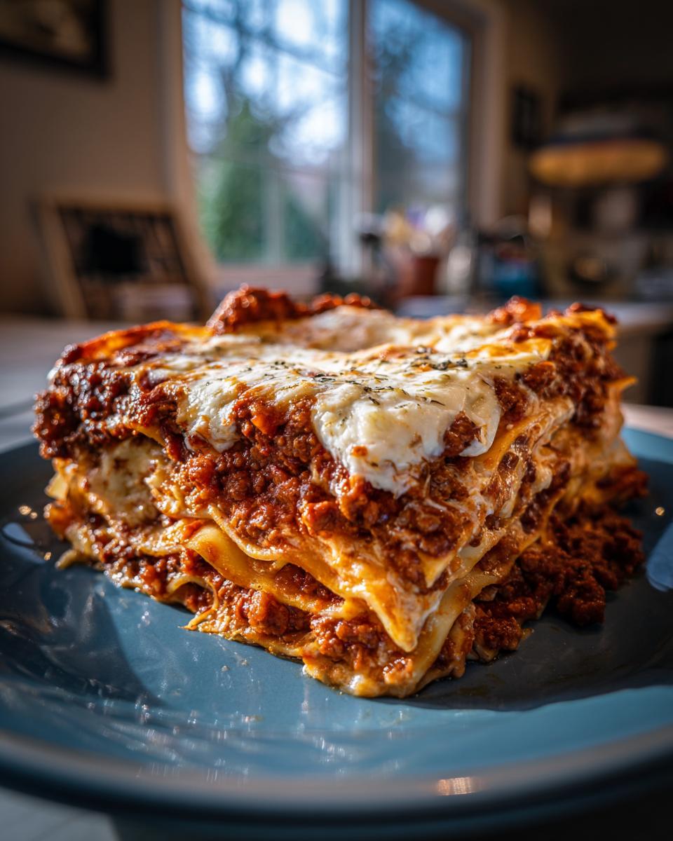A close-up of a generous slice of easy lasagna with ricotta, featuring layers of pasta, rich meat sauce, and melted cheese.
