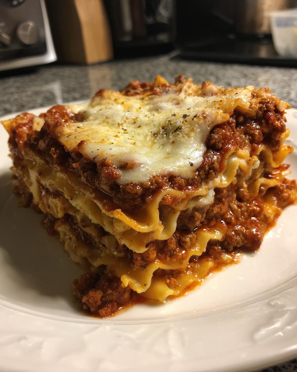 A generous slice of easy lasagna with ricotta, showing layers of pasta, meat sauce, and melted cheese.