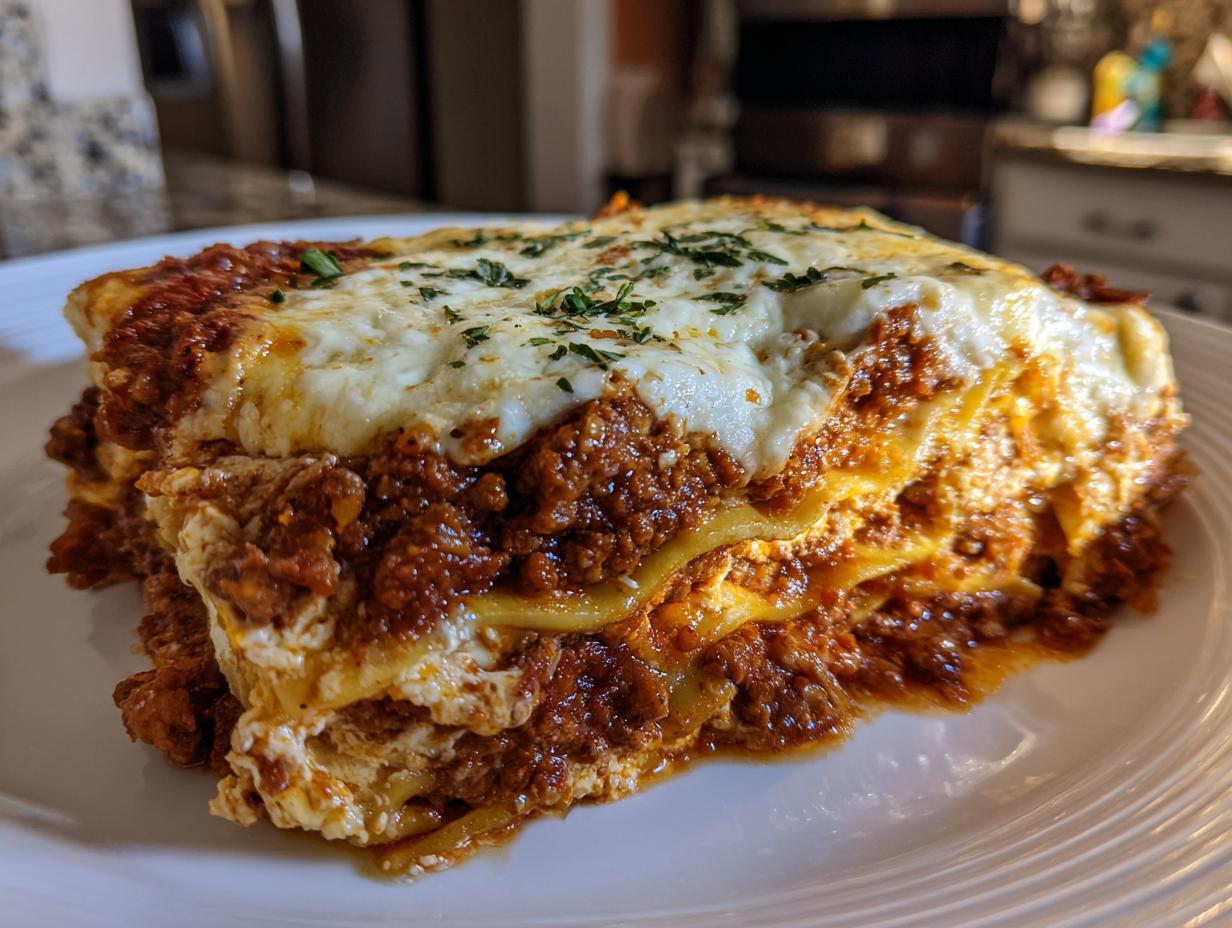 A close-up of a hearty slice of easy lasagna with ricotta, showing layers of pasta, meat sauce, and melted cheese.