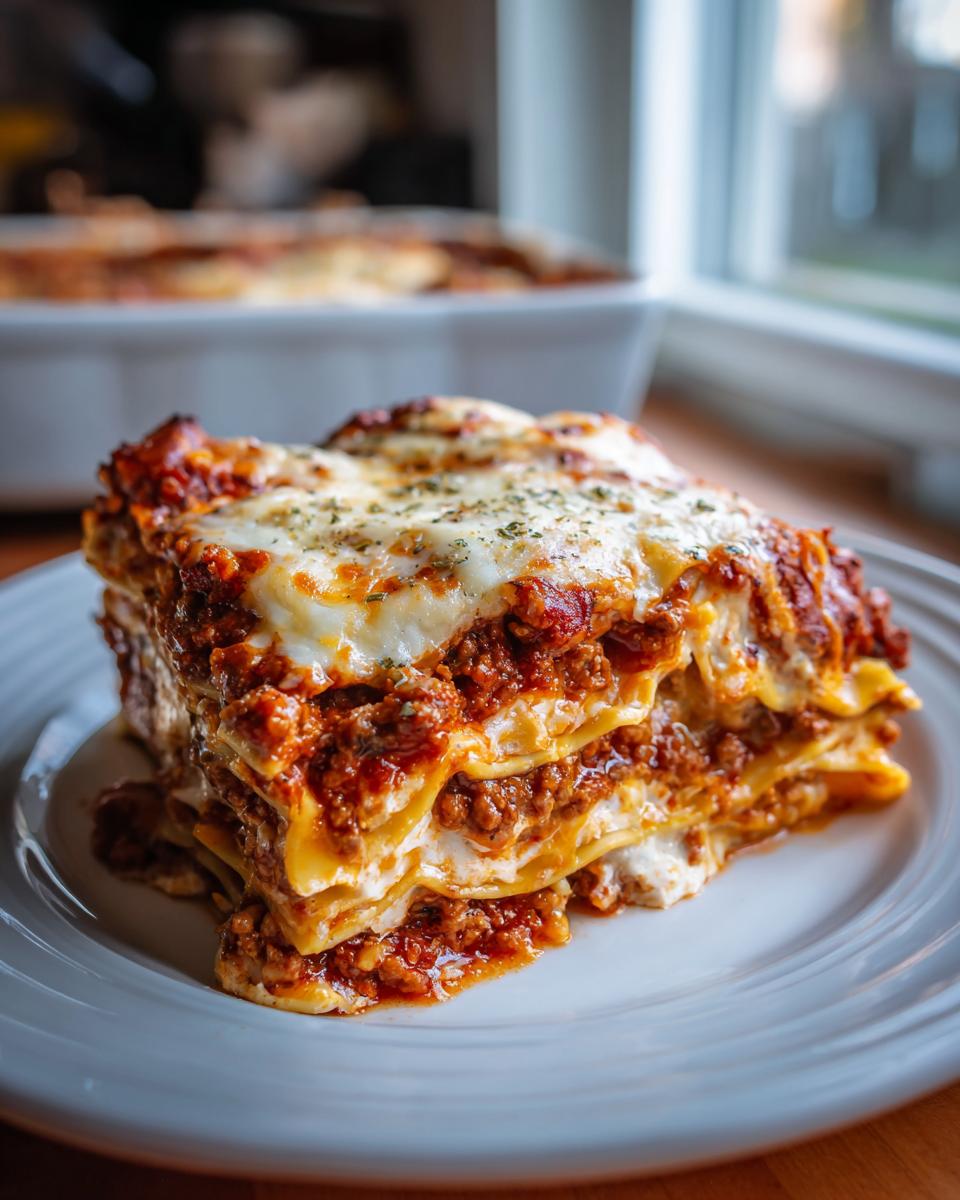 A delicious slice of easy lasagna with ricotta, layered with meat sauce and melted cheese.