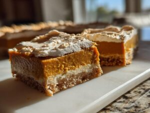 Close-up of two slices of easy pumpkin bars, showcasing the layers of crust, pumpkin filling, and whipped topping.