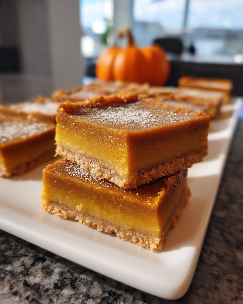 Close-up of stacked pumpkin bars with a graham cracker crust, dusted with powdered sugar.