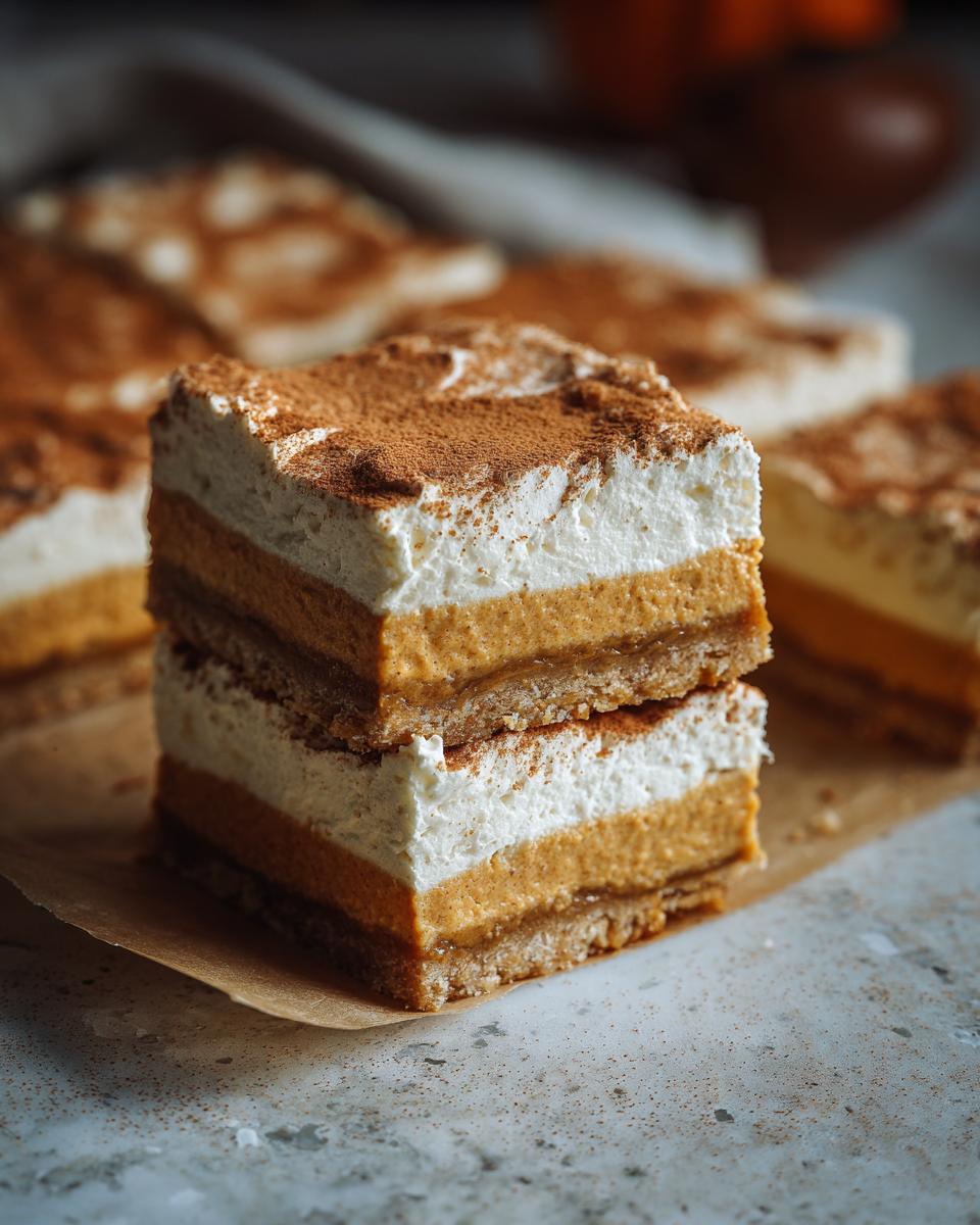 Stack of two easy pumpkin bars topped with whipped cream and dusted with cinnamon.