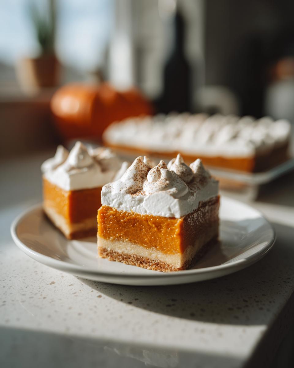 Two slices of easy pumpkin bars topped with whipped cream and cinnamon on a white plate.