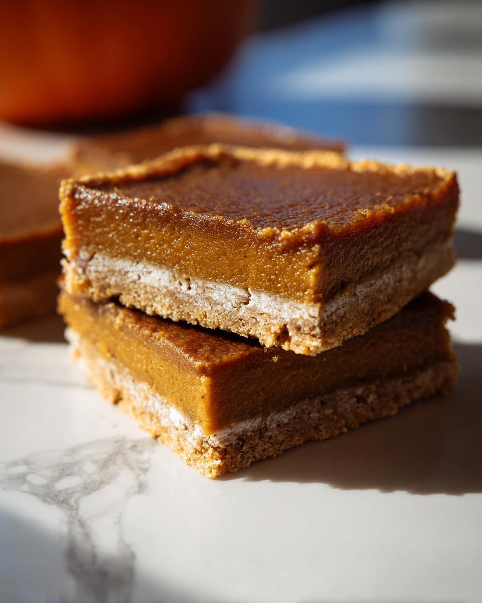 Two stacked easy pumpkin bars with a graham cracker crust and creamy pumpkin filling.