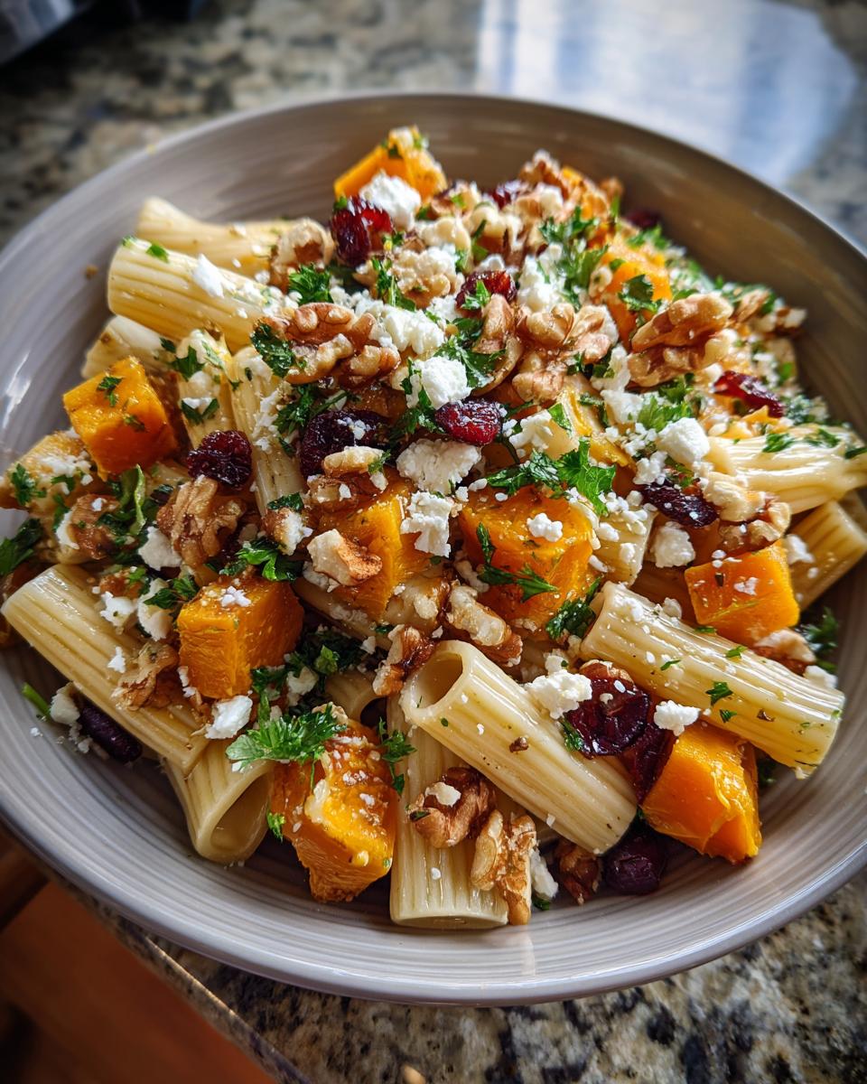 A close-up of a bowl of fall pasta salad featuring rigatoni, roasted butternut squash, walnuts, cranberries, and feta cheese.