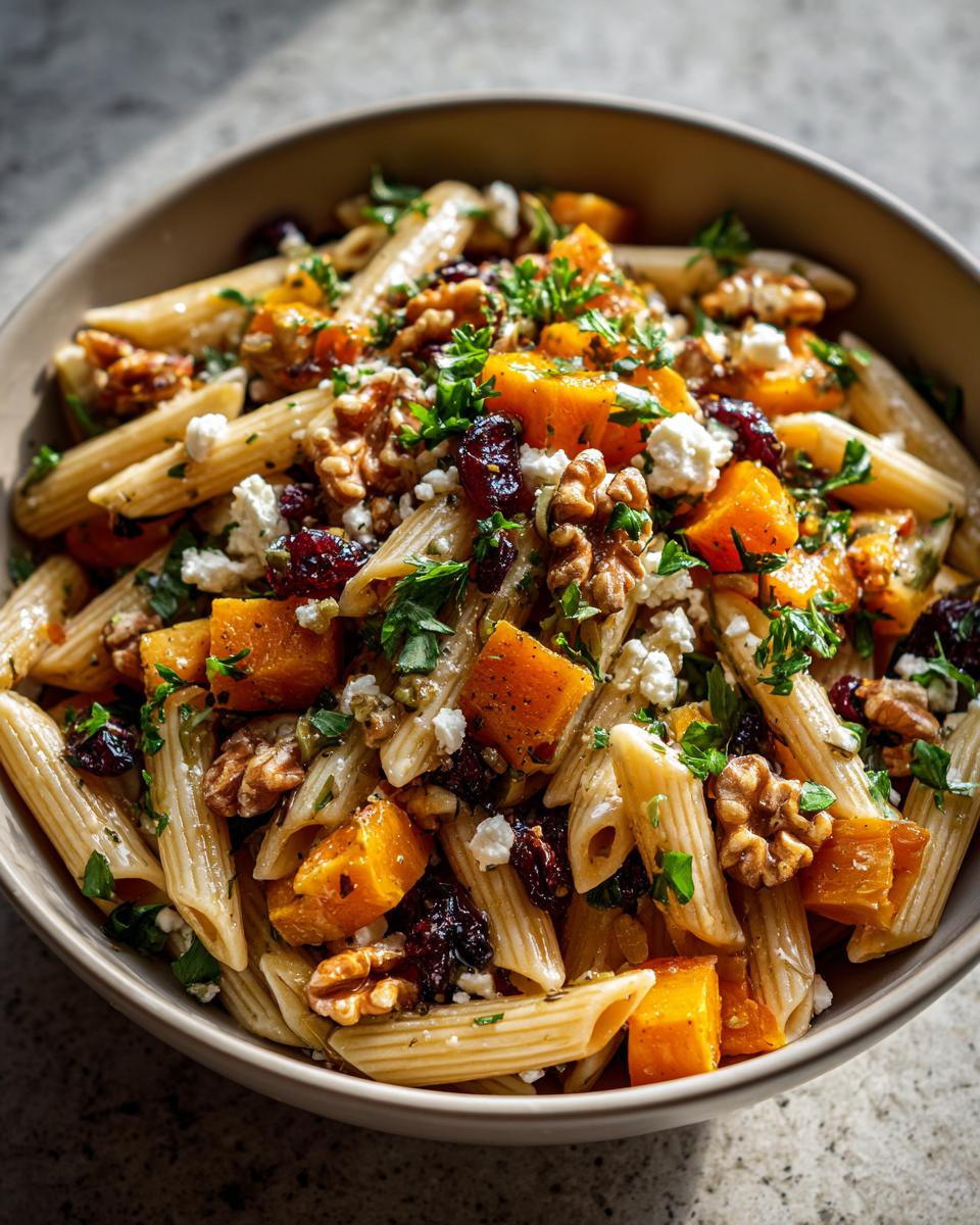 Close-up of a bowl of fall pasta salad with penne, butternut squash, cranberries, walnuts, and feta cheese.