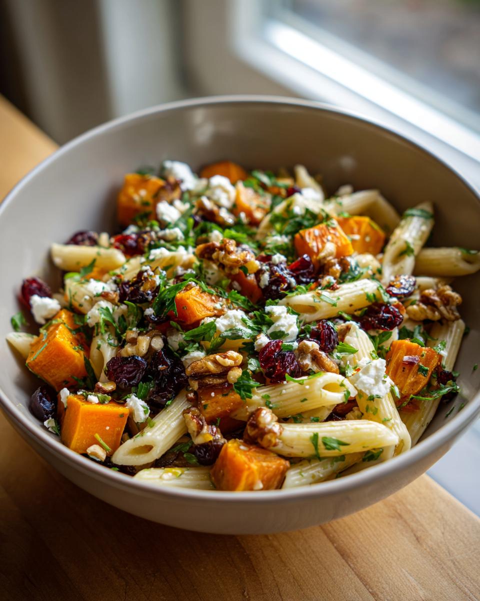 Close-up of a bowl of fall pasta salad with penne, roasted butternut squash, cranberries, walnuts, and feta cheese.