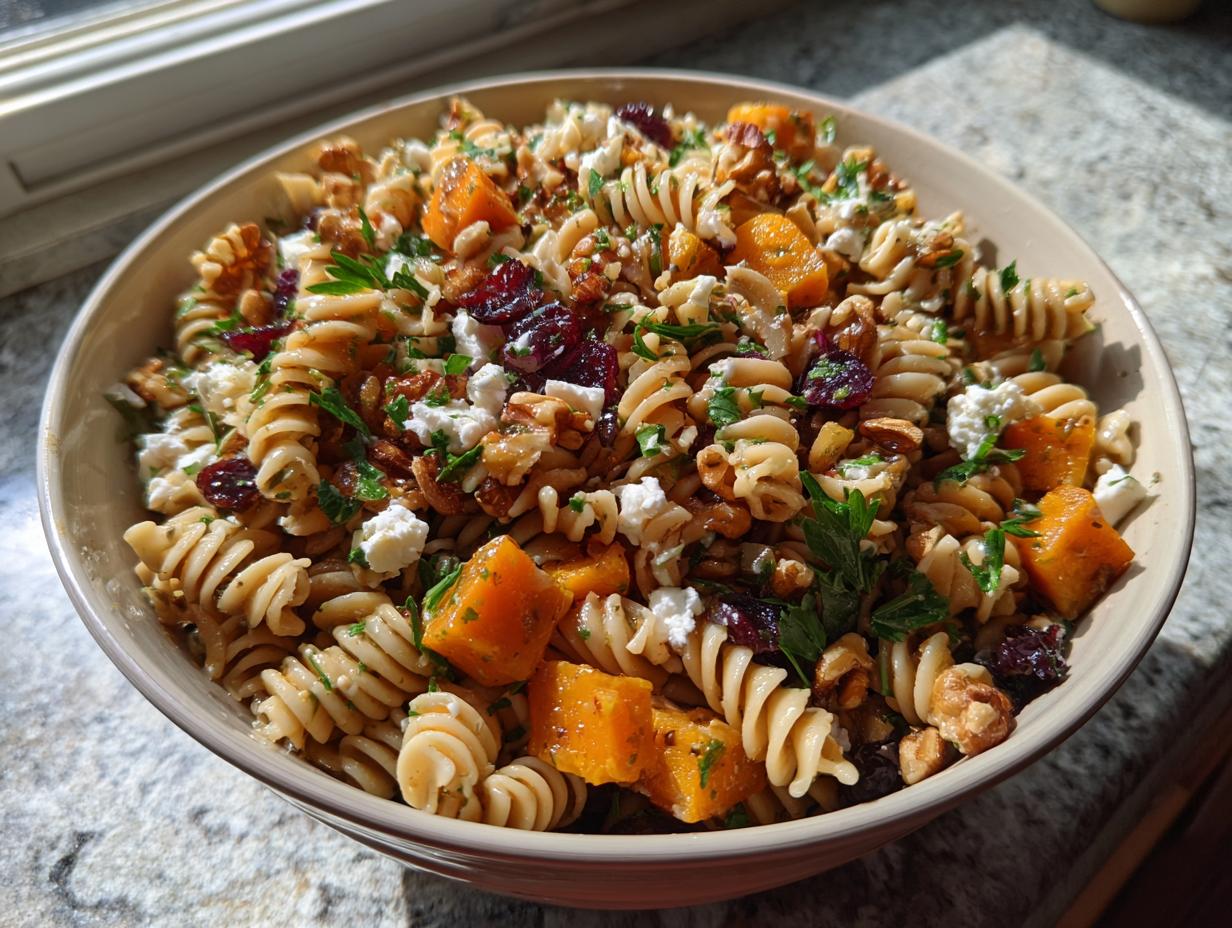 A close-up of a bowl of fall pasta salad featuring rotini pasta, cubed butternut squash, dried cranberries, walnuts, and feta cheese.