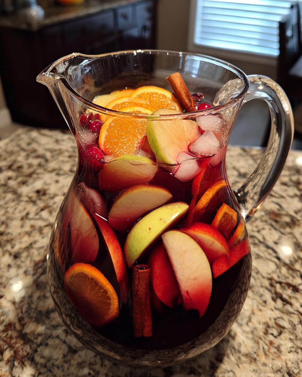 A clear pitcher filled with refreshing fall sangria, featuring slices of oranges, apples, cranberries, and cinnamon sticks.