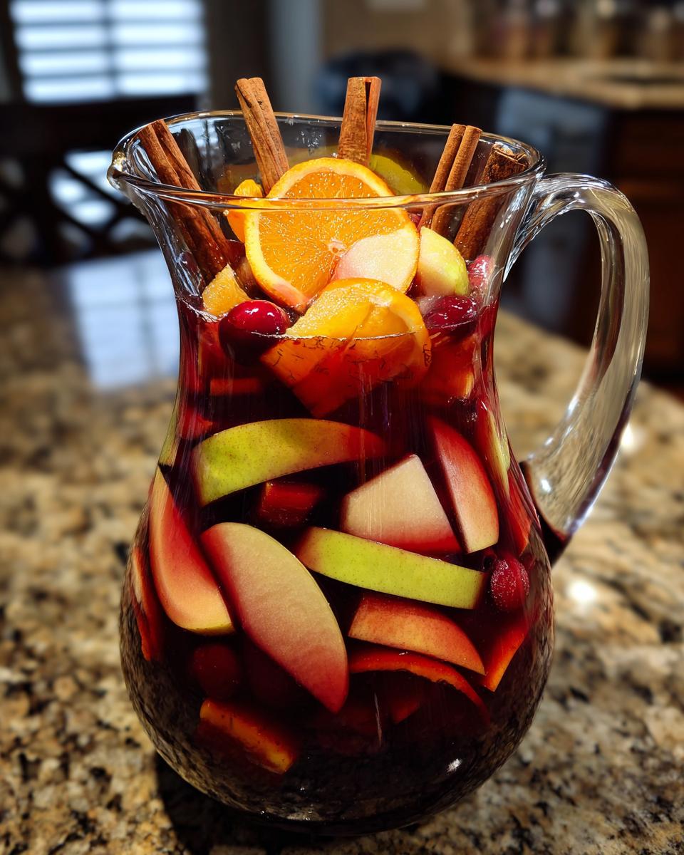 A tall glass pitcher filled with vibrant red Fall Sangria, featuring slices of apples, oranges, cranberries, and cinnamon sticks.