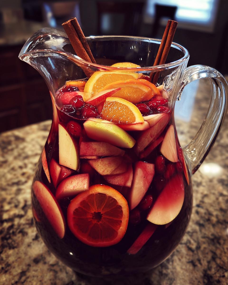 A pitcher filled with fall sangria, featuring slices of oranges, apples, cranberries, and cinnamon sticks.