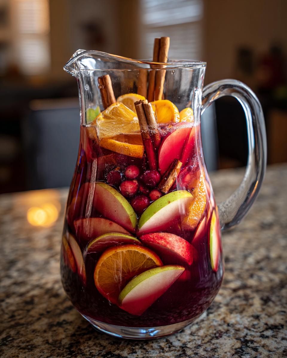 A clear pitcher filled with vibrant red fall sangria, featuring slices of apples, oranges, cranberries, and cinnamon sticks.