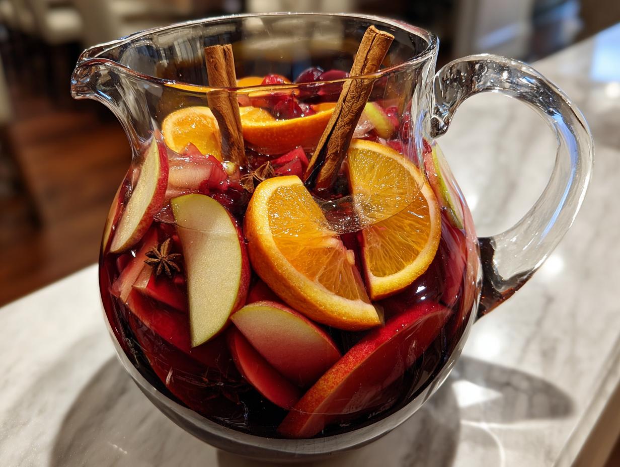 A clear glass pitcher filled with vibrant red fall sangria, featuring slices of oranges, apples, cranberries, cinnamon sticks, and star anise.