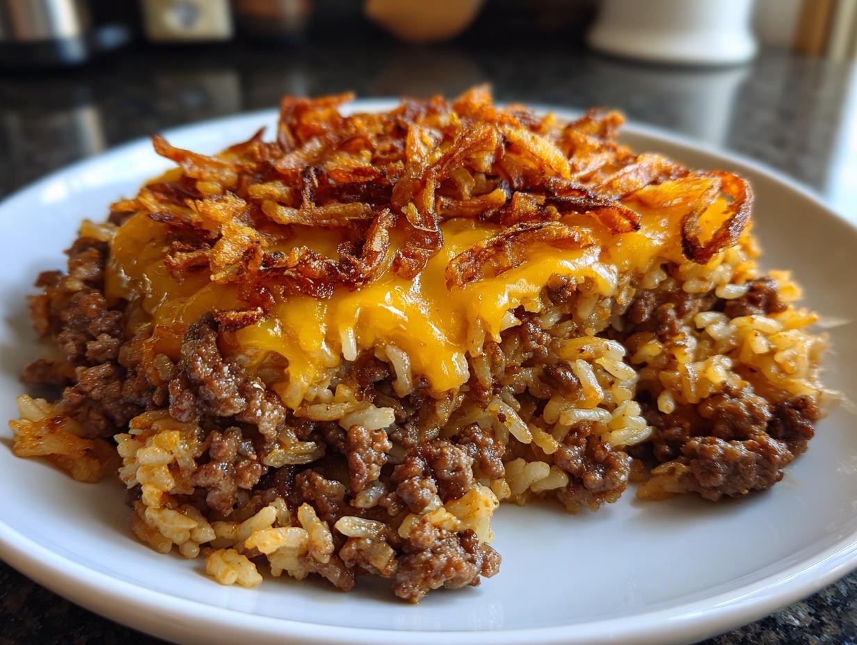 A close-up of a serving of French onion beef over rice, topped with melted cheddar cheese and crispy fried onions.