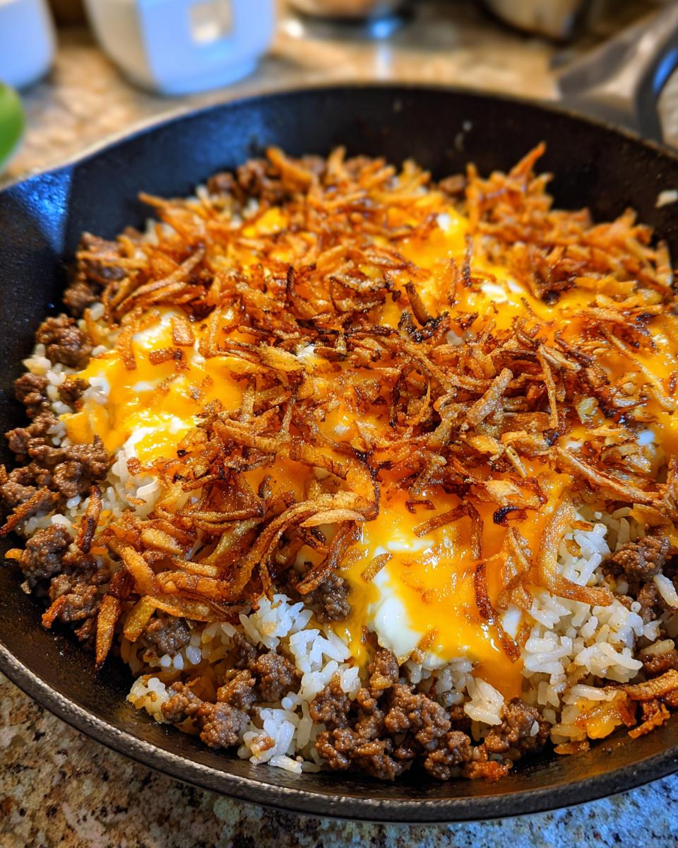 Close-up of French onion beef over rice in a cast iron skillet, topped with melted cheese and crispy fried onions.