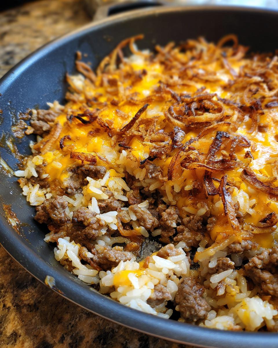 A close-up of a skillet filled with french onion beef over rice, topped with melted cheese and crispy fried onions.