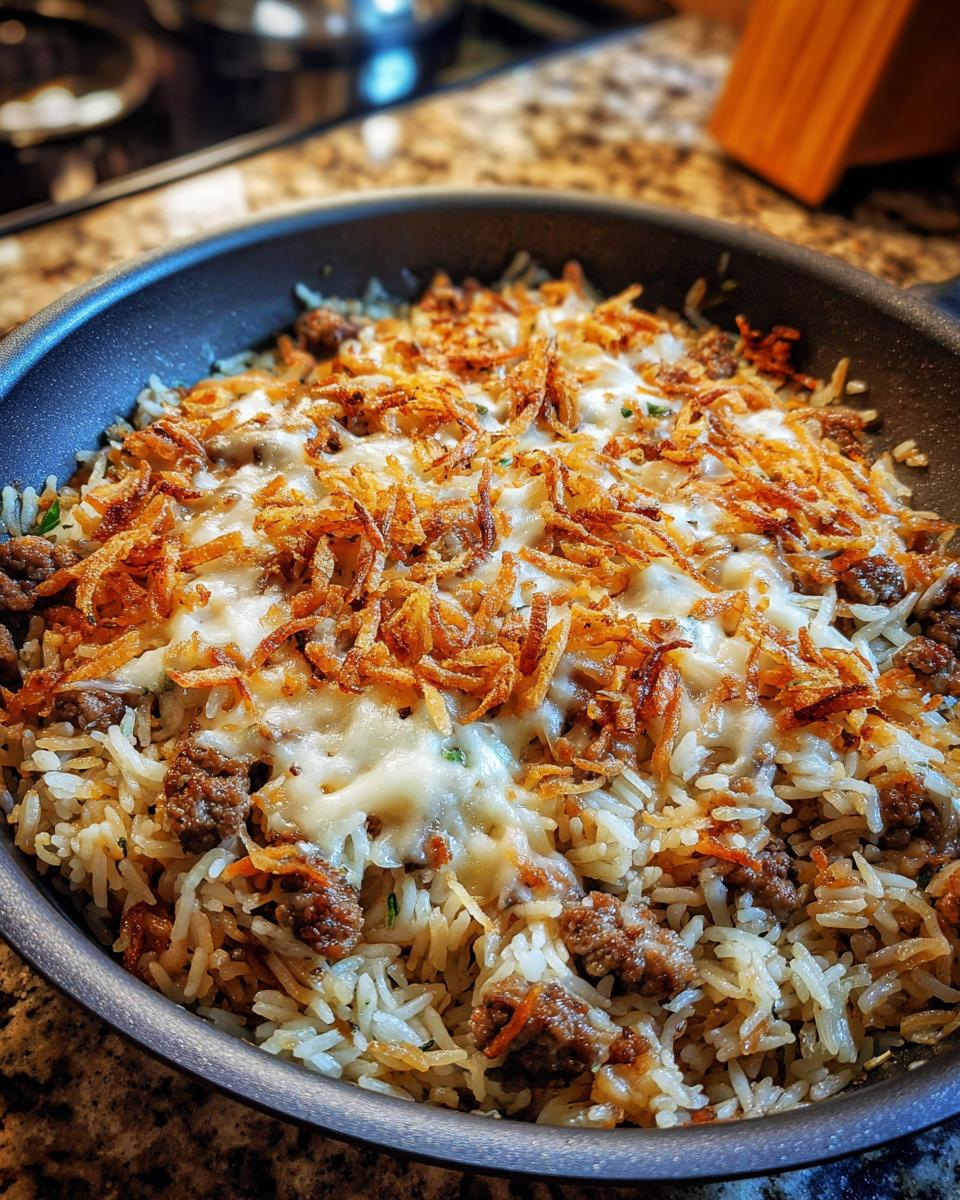 A close-up of french onion beef over rice, topped with melted cheese and crispy fried onions.