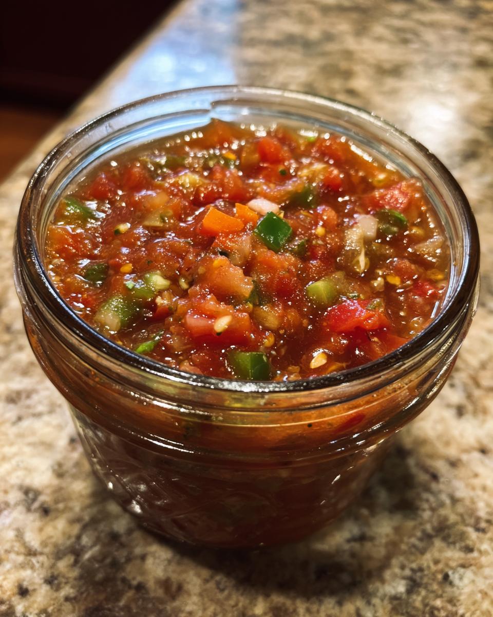 A close-up of fresh tomato canned salsa in a glass jar, showcasing diced tomatoes, jalapeƱos, and onions.