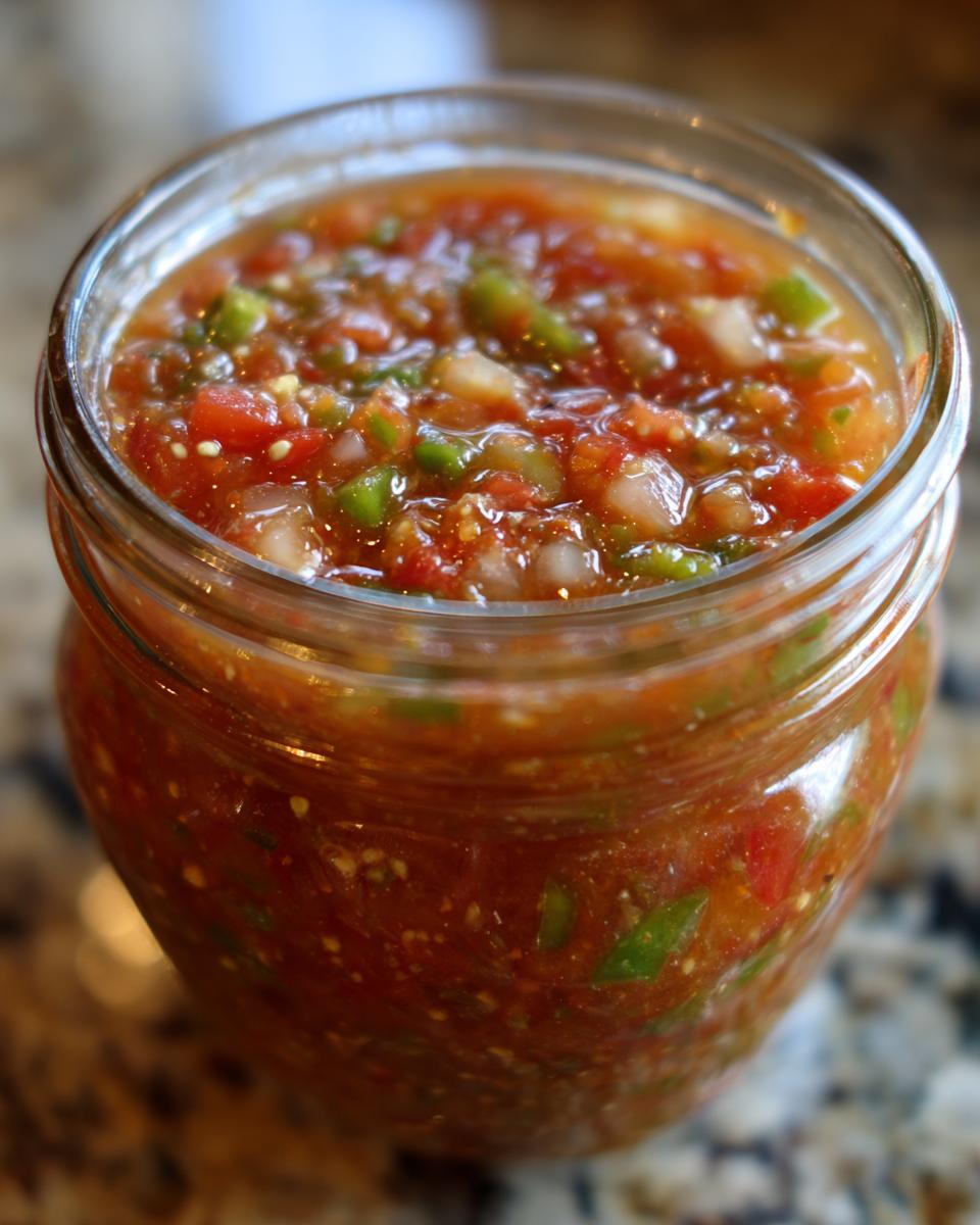 Close-up of a jar filled with chunky, fresh tomato canned salsa, showing diced tomatoes, peppers, and onions.