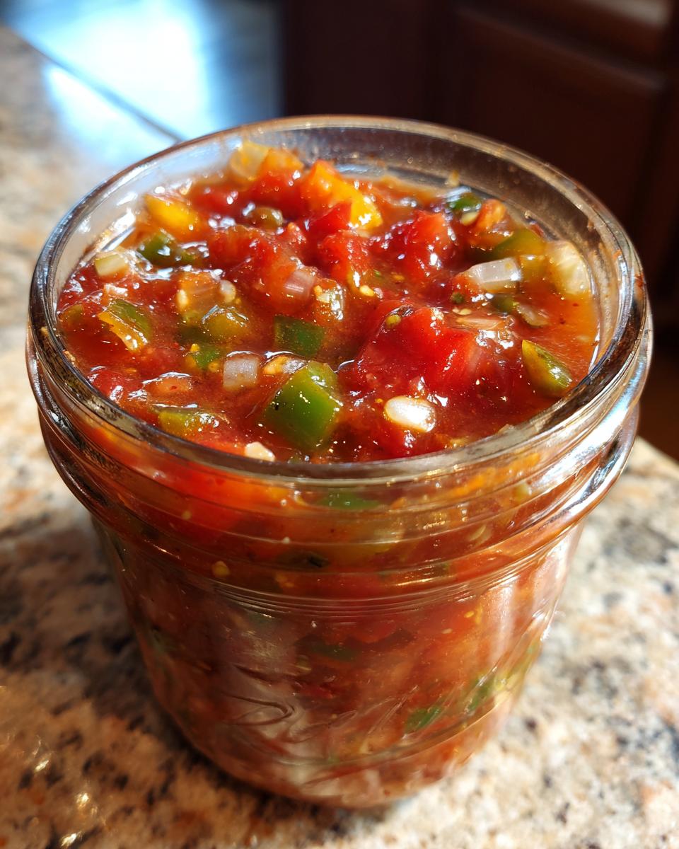 Close-up of fresh tomato canned salsa in a glass jar, showing chunks of tomatoes, peppers, and onions.