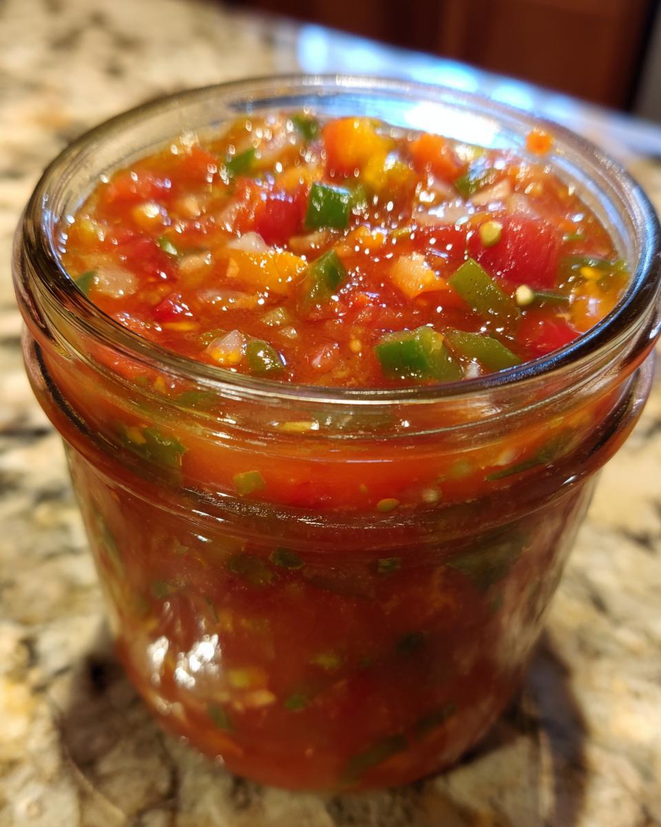 Close-up of a glass jar filled with vibrant, chunky fresh tomato canned salsa, featuring diced tomatoes, onions, and peppers.