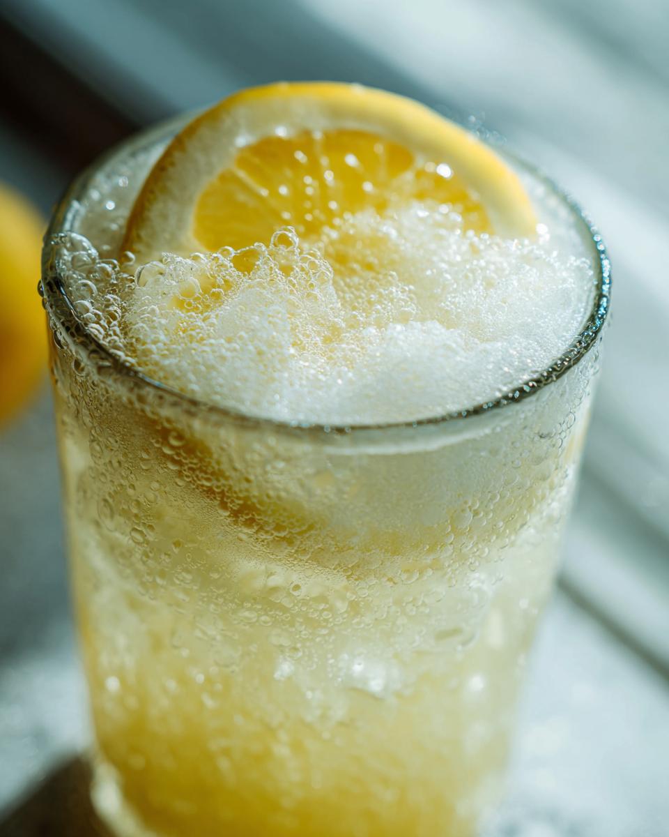 Close-up of a glass filled with frothy Frozen Creamy Lemonade, topped with a lemon slice and condensation on the glass.