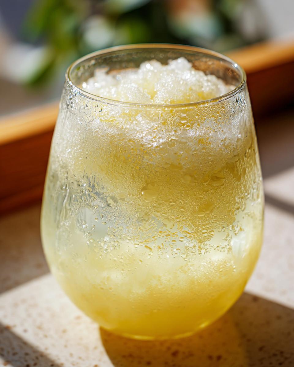 A close-up of a frosty glass filled with delicious frozen creamy lemonade, perfect for a hot day.