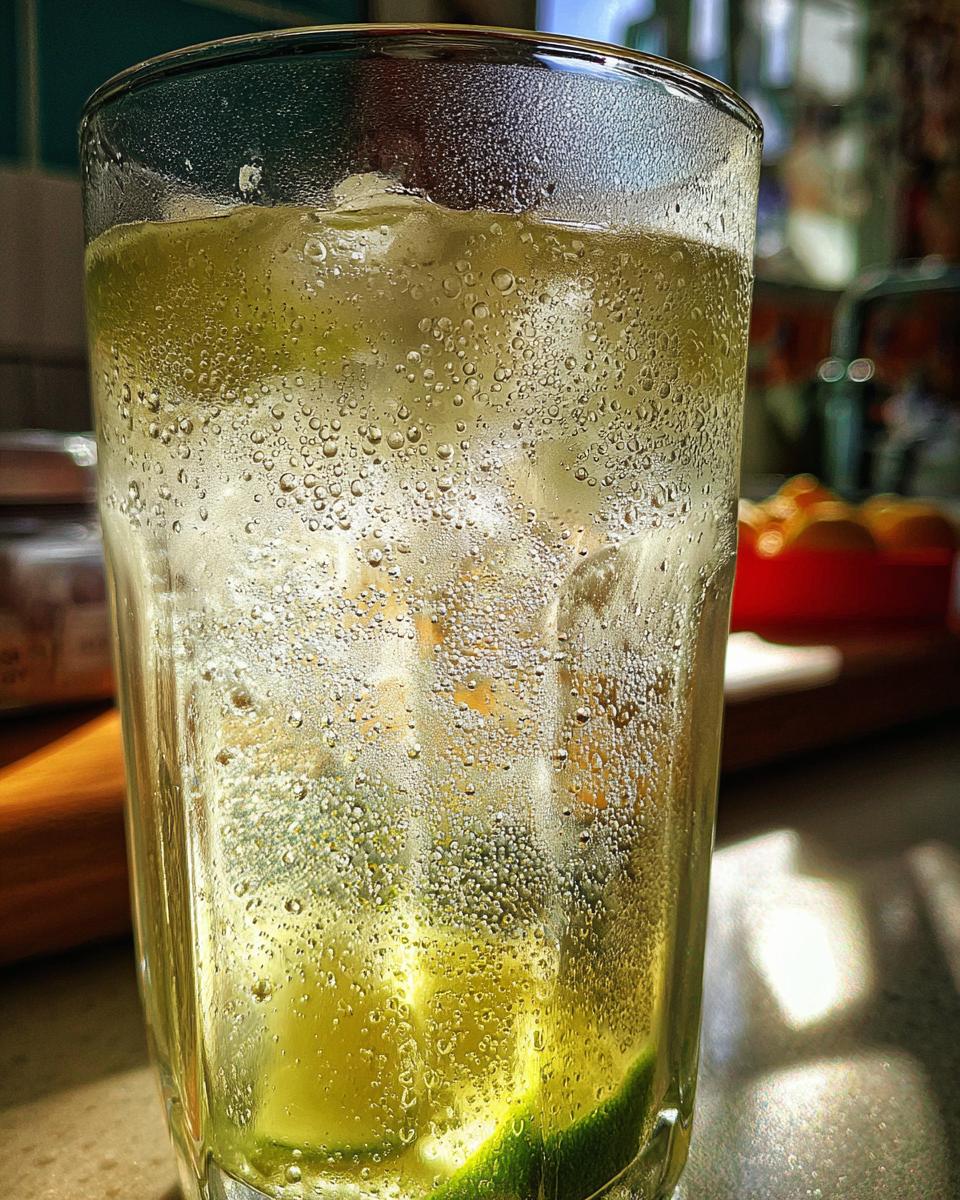 A tall glass filled with ice, lime slices, and bubbly frozen creamy lemonade, glistening in the sunlight.