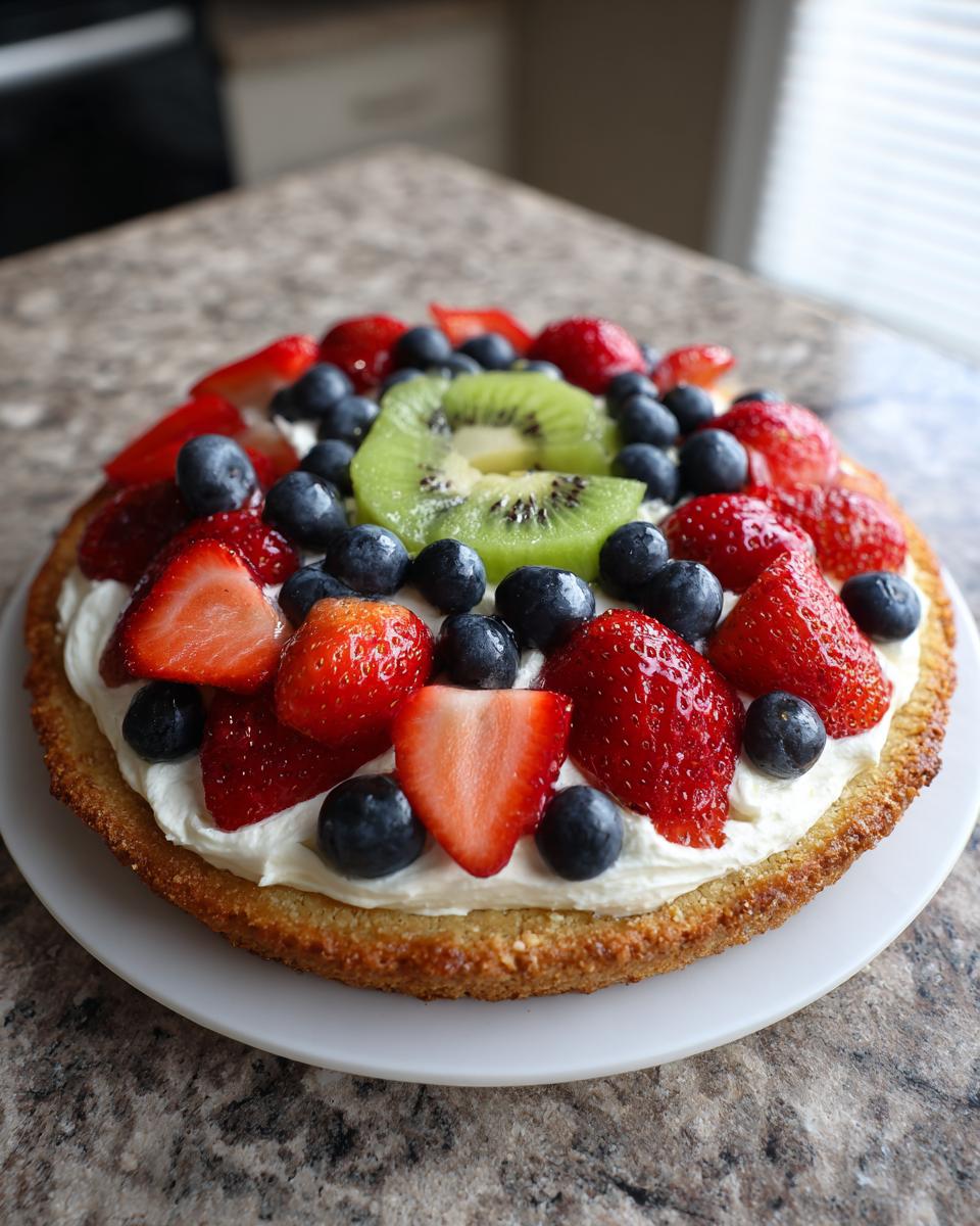 A vibrant fruit pizza sugar cookie topped with cream cheese frosting, strawberries, blueberries, and kiwi slices.