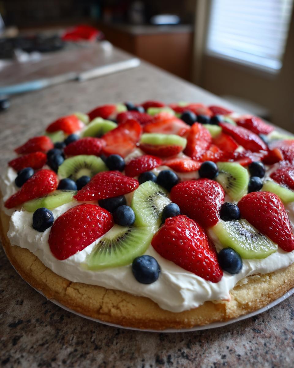 A vibrant fruit pizza sugar cookie topped with whipped cream, strawberries, blueberries, and kiwi slices.