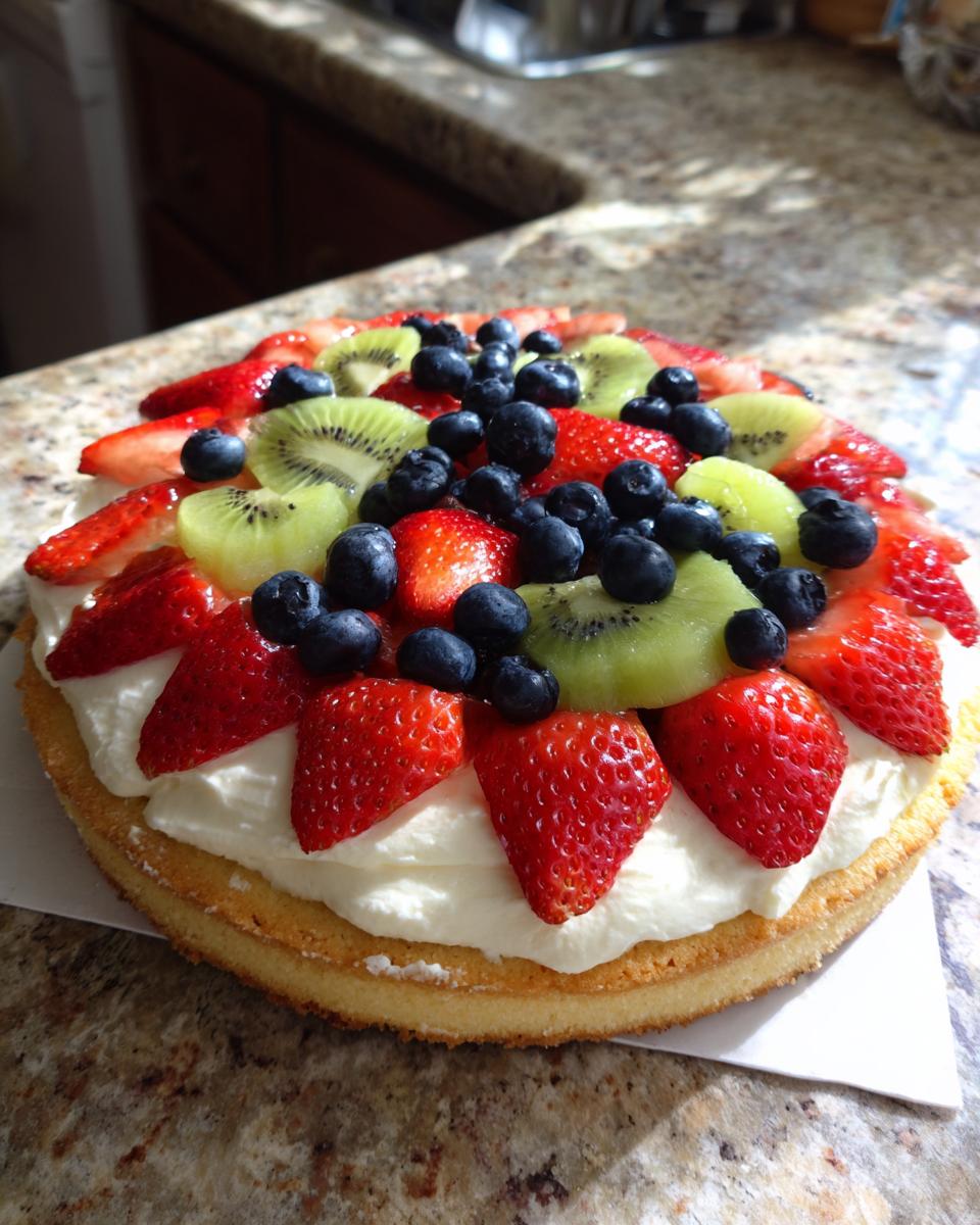 A vibrant fruit pizza sugar cookie topped with whipped cream, strawberries, blueberries, and kiwi slices.