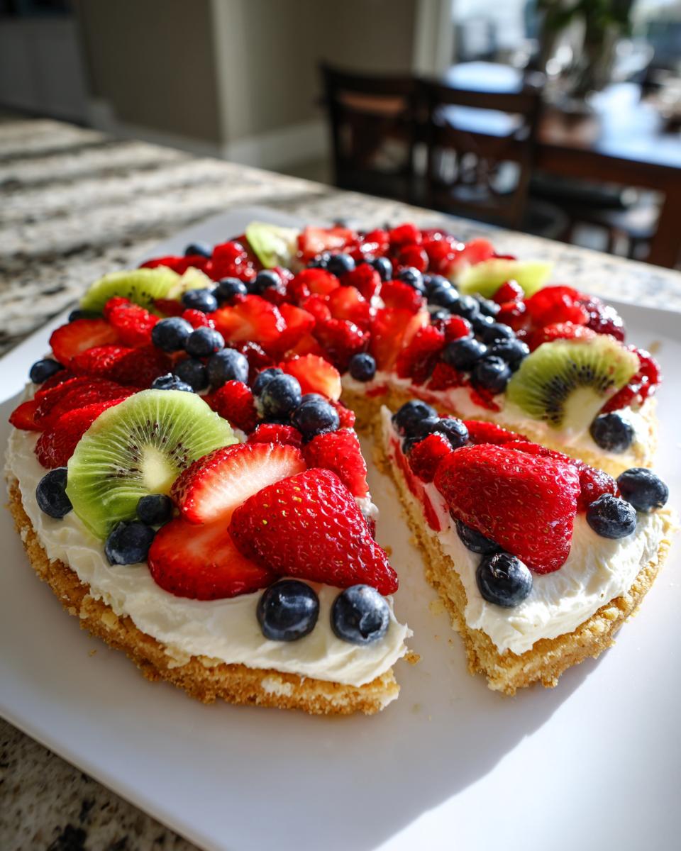 A slice of fruit pizza sugar cookie topped with cream cheese frosting and fresh strawberries, blueberries, and kiwi.