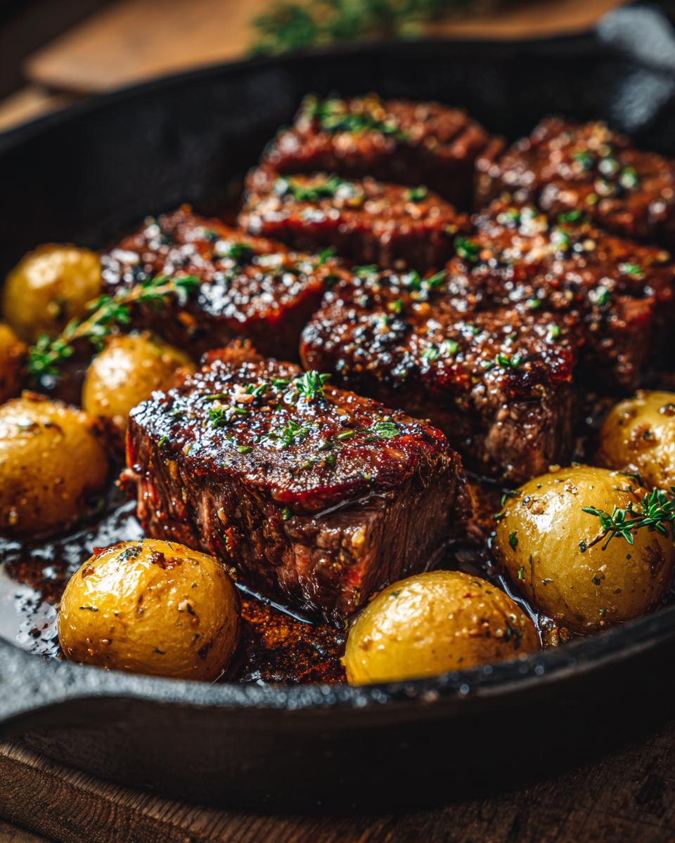 Juicy garlic butter steak bites and golden potatoes cooked in a cast iron skillet, garnished with fresh herbs.