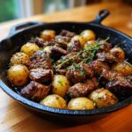 Close-up of garlic butter steak bites and potatoes in a cast iron skillet, garnished with fresh herbs.
