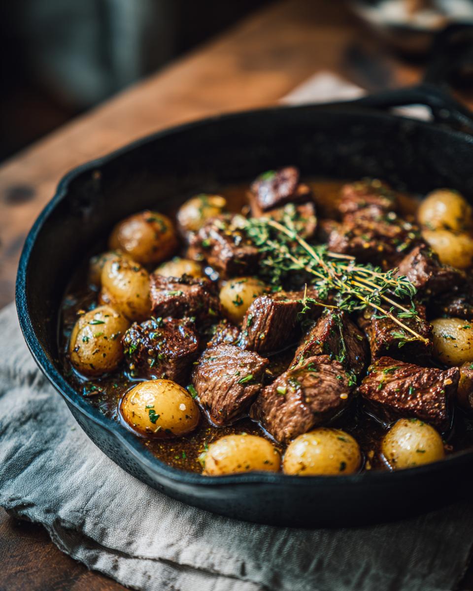 Close-up of garlic butter steak bites and potatoes in a cast-iron skillet, garnished with fresh herbs.