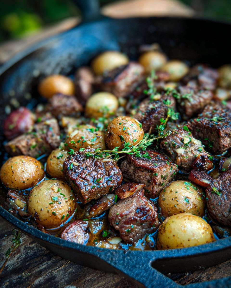 Close-up of juicy garlic butter steak bites and baby potatoes cooked in a cast iron skillet, garnished with fresh herbs.