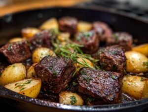 Close-up of juicy garlic butter steak bites and golden roasted potatoes in a cast iron skillet, garnished with herbs.