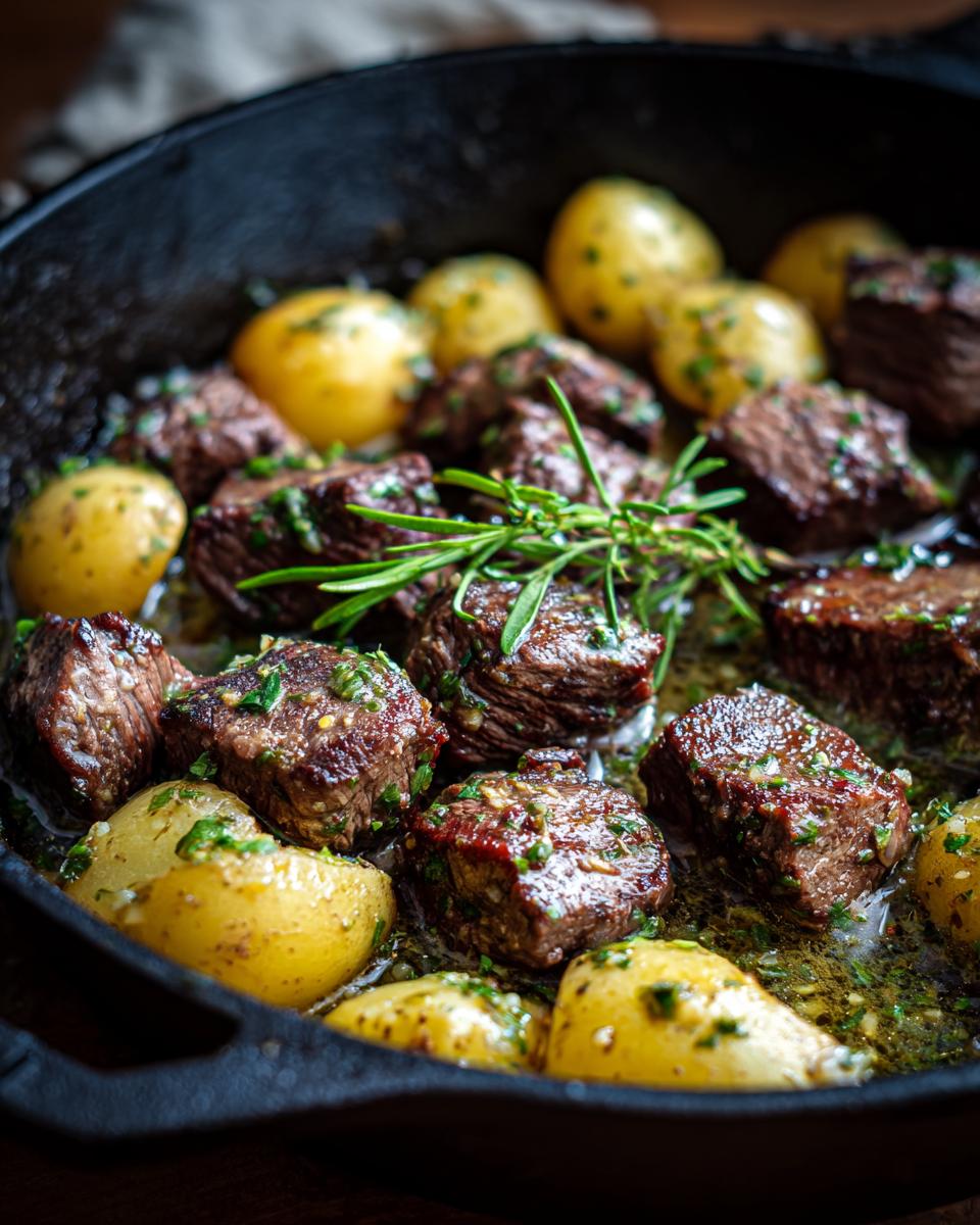 Close-up of juicy garlic butter steak bites and golden potatoes in a cast iron skillet, garnished with rosemary and parsley.