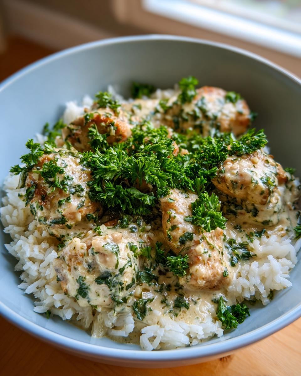 A close-up of a bowl filled with fluffy white rice topped with tender pieces of garlic chicken in a creamy sauce and fresh parsley.