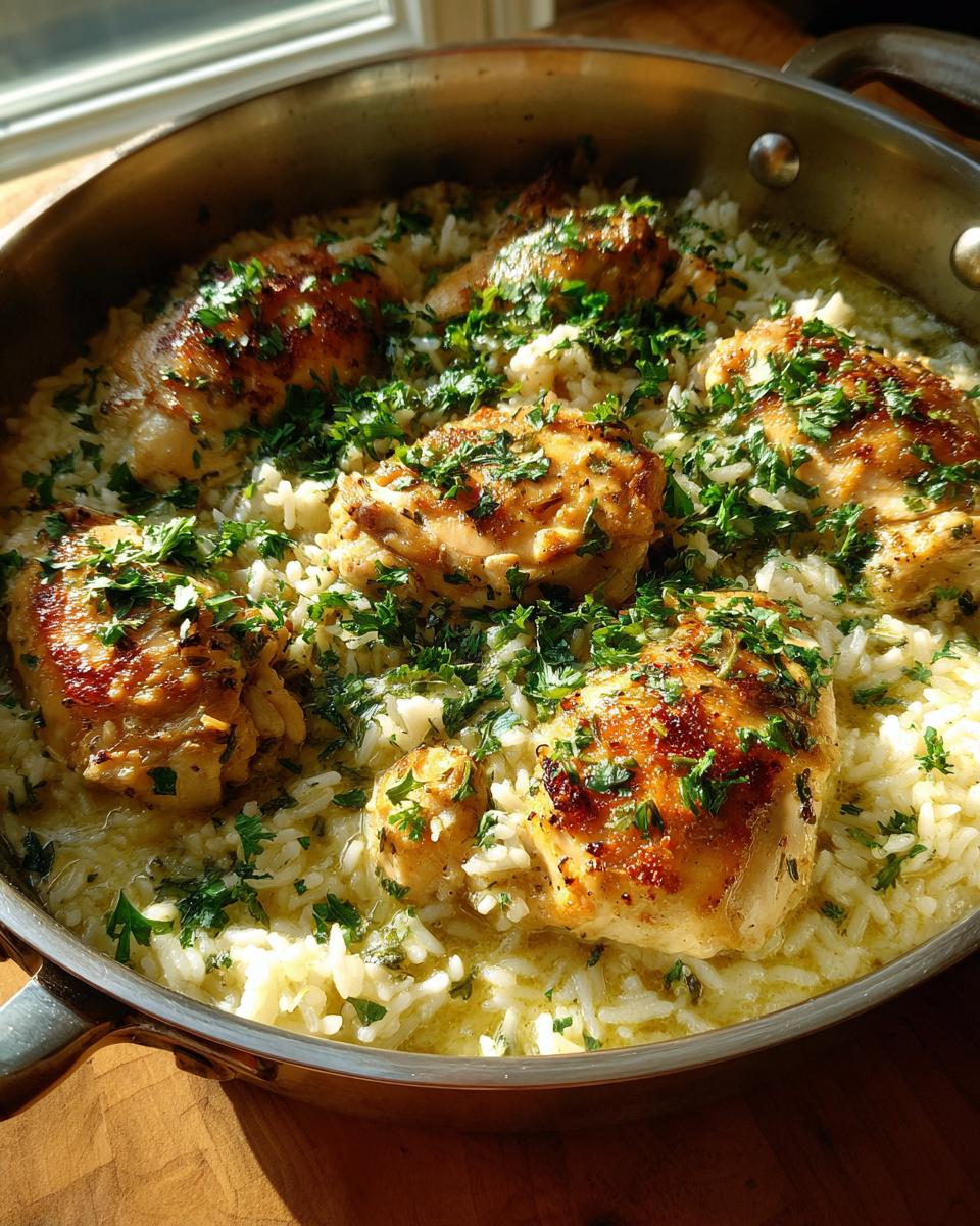 A close-up of delicious Garlic Chicken and Rice cooked in a single pan, garnished with fresh parsley.