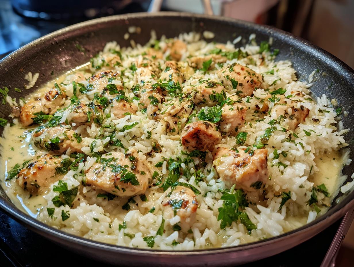 Close-up of delicious garlic chicken and rice cooked in a single pan, garnished with fresh parsley.