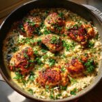 A close-up view of golden-brown garlic chicken pieces nestled in creamy rice, garnished with fresh parsley.