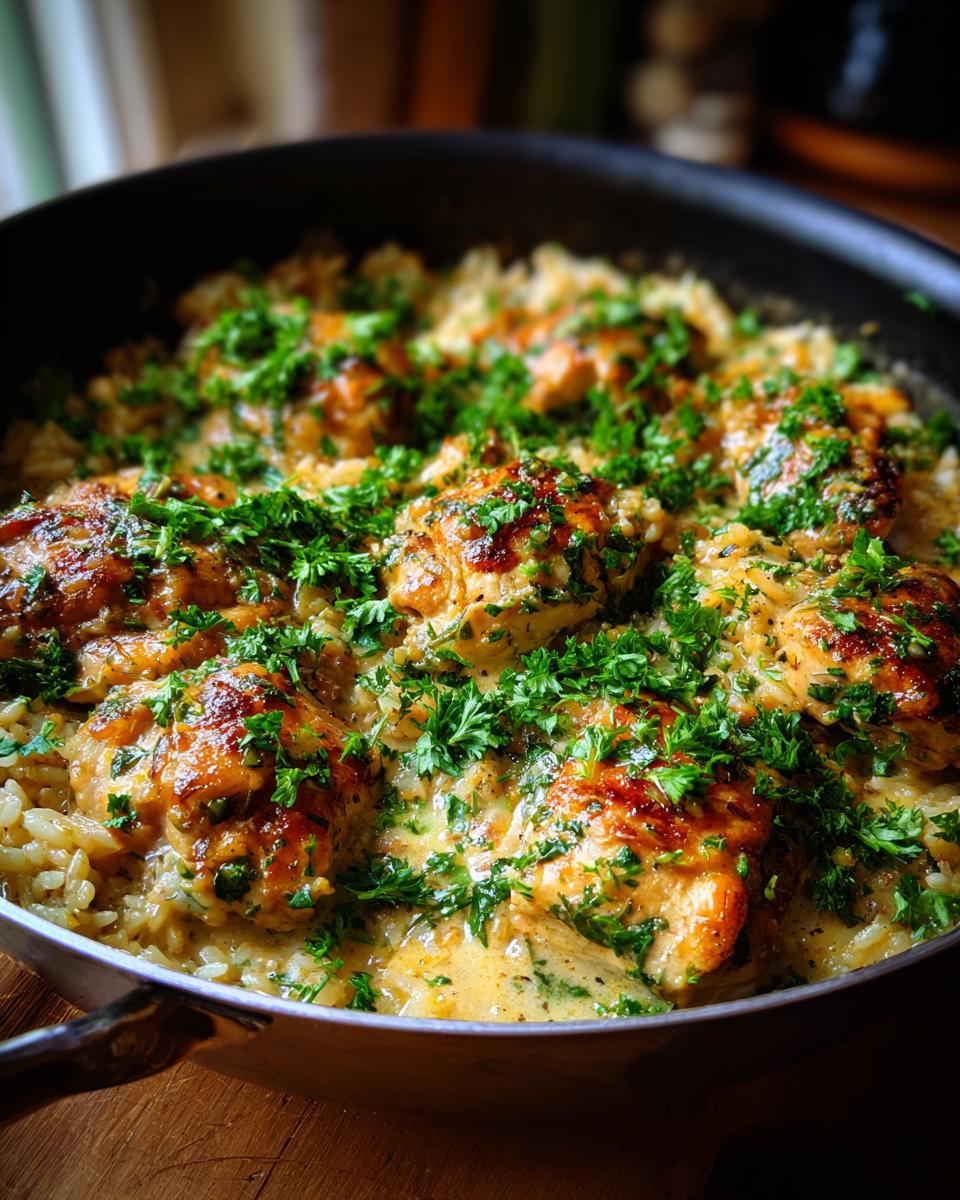 Close-up of a one-pan garlic chicken and rice dish, with golden-brown chicken thighs nestled in creamy rice and garnished with fresh parsley.