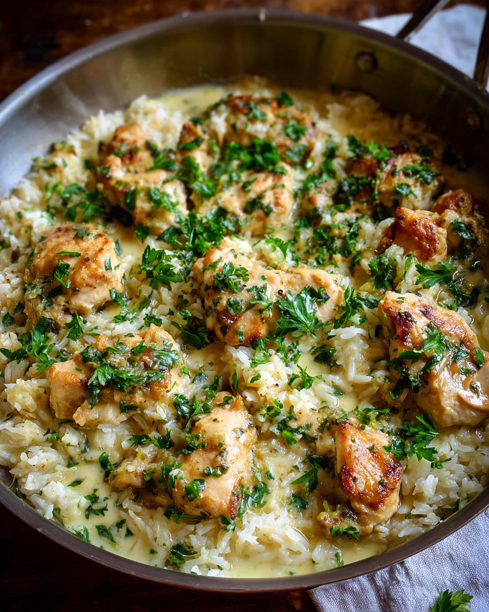 Close-up of tender garlic chicken pieces nestled in fluffy rice, coated in a creamy sauce and sprinkled with fresh parsley.